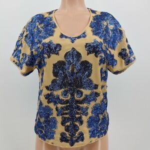Neiman Marcus Tracy Reese x Target Blue Floral Sequined Blouse Top Size Small